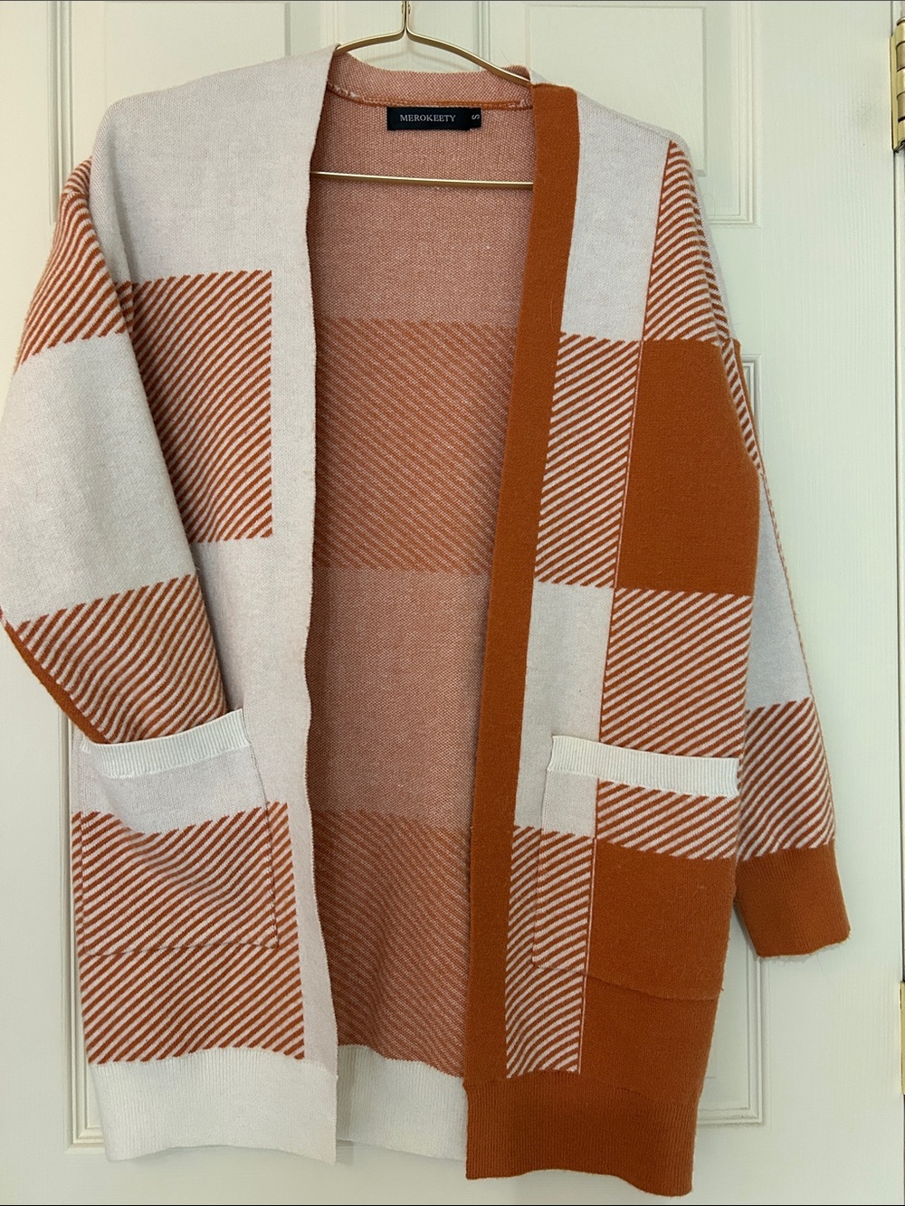 Merokeety Open-Front Rust and Cream Check Knit Cardigan Small